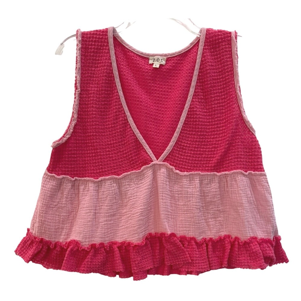 POL Clothing Pink Colorblock Waffle Knit Gauze Ruffle Hem Sleeveless Top Large